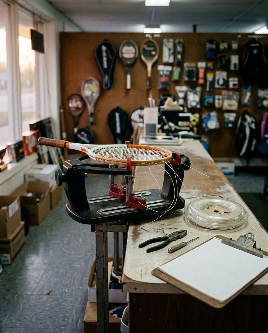 The end of the shop counter after close: a racket-stringing machine with a half-strung tennis racket clamped in it, a reel of string and pliers beside it.